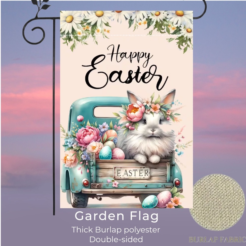Garden Flag, 12”x18”, Easter Bunny In Truck, Thick Burlap Polyester Doublesided